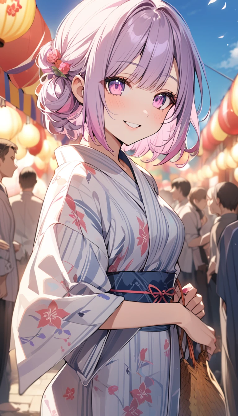good looking, alone, 1 female, Medium Hair, light purple hair, Pink highlights on the tip, Pale pink eyes,Smile Facial,yukata,blue sky,festival