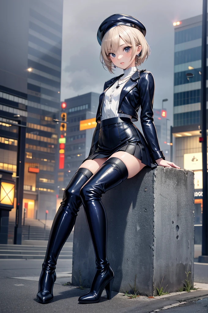 ((Biologically correct limb count)),(( From head to toe,Full-body photo including face)),4K,masterpiece,((Focus on the face)),((Symmetrical facial features)),Eyes with detailed description,Beautiful woman,Great style,Beautiful arms,Beautiful legs,Beautiful Hands,(Small Ass,Thin thighs),Detailed depiction of the face,Small earrings,necklace,(Navy leather clothes,skirt((High heels,Thigh-high boots))),Fantastic photos,Short Hair,Stand at an angle,Meeting,Alluring,beret,(Outdoor,A foggy early morning in Tokyo;1.2),Sitting