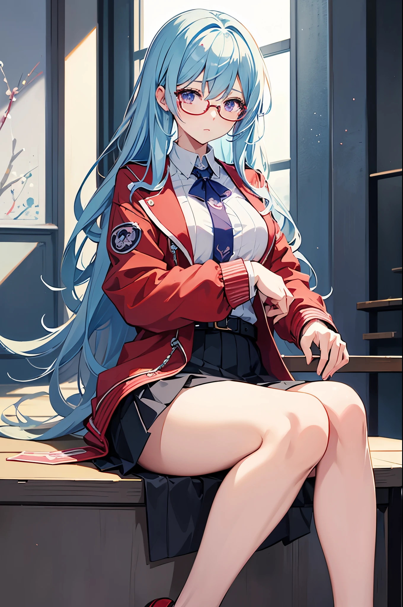 hd, Anime girl, portrait of female student, clean and meticulous anime art, light blue hair, beautiful anime art style, cute anime girl portrait, purple eyes, lovely art style, Soft anime illustration, shy, ((red jacket with white collar and rim)), thin waist, long hair, upper body, black rimmed glasses, café, sitting, leaning forward