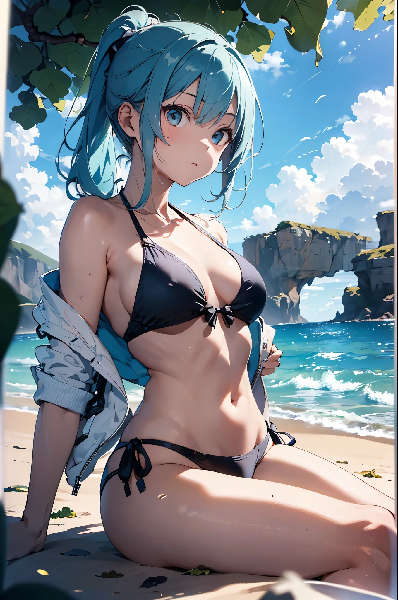 4K,8k,High resolution,
One beautiful young woman,Light blue hair、ponytail、
(Soft Saturation:1.3), (Fair skin:1.2),
(ultra-Detailed Background, Detailed Background), Bokeh,
break&#39;Smiling portrait.,
When viewed from the front, The composition is symmetrical,
Looking straight at you with serious eyes,
break Swimwear, White Bikini, Center of chest, 
Outdoor, Sea surface, null, sunlight,Summer beach, Sandy Beach,
Strong light, Front lighting, 
(Teen:1.3), (Cowboy Shot:1.2),
Front brake angle,
View your audience,
Dynamic pose,
sitting on the beach

Seaweed、Seaweed、Seaweed、Seaweed、Seaweed、Seaweed、Seaweed、