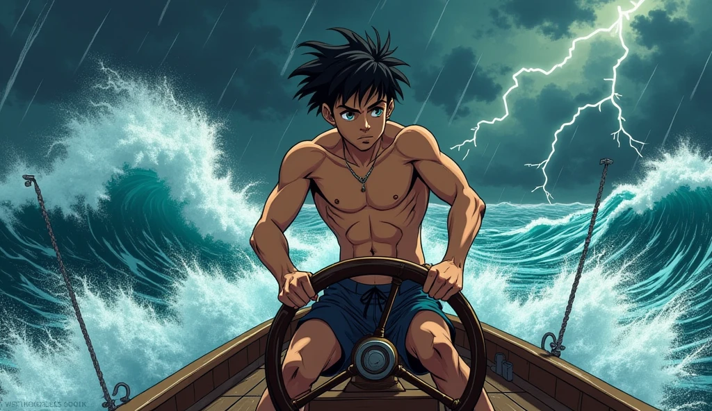 Kai is a lean, wiry teenager with tanned skin from long days spent under the sun. His hair is dark and unruly.A flashback to the darkest moment of the storm while sailing a small boat. the boy nearly lost in the overwhelming waves."**cartoon anime