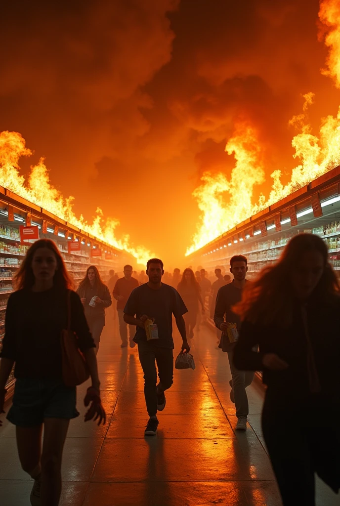 Imagine a supermarket on fire, with intense flames and black smoke rising into the sky. People run desperately, some with expressions of panic, Others covered their mouths and noses to protect themselves from smoke.. Some carry products they did not have time to leave behind., while others run away empty-handed, just trying to get away from danger. The fire illuminates the scene with an orange glow and the shadows of people are projected on the walls and floor., emphasizing the urgency of the situation.
