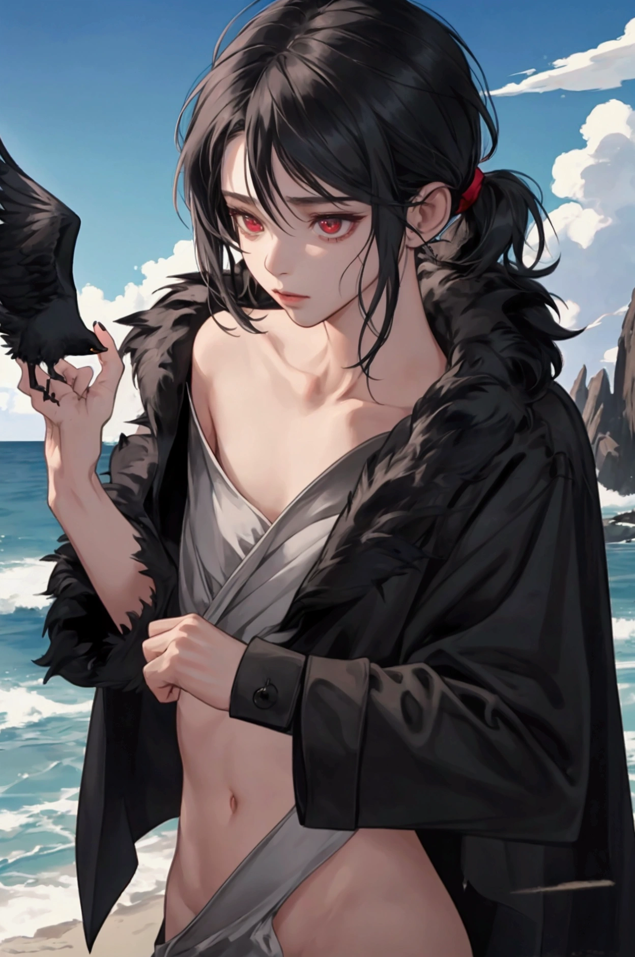 NSFW, short boy, feminine small shotacon, holding crow pet, small fragile body, black fur-lined clothes hanging on the shoulder, little to no clothes (showing core body), black hair, very messy mullet hair, bangs, shining crimson eyes, masterpiece, 8k, photorealistic, chiaroscuro lighting, dramatic shadows, cinematic composition, coast background, wearing black short, sharp black nails