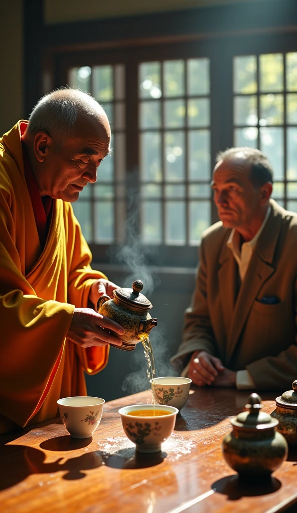 A close-up of the monk’s hands holding a teapot, pouring tea into a small cup. The cup is already full, and tea is spilling over the sides, dripping onto a wooden table. The wealthy man is seated across the table, leaning slightly forward, his eyes wide in surprise and confusion. The monk’s face remains serene and composed as he continues pouring.