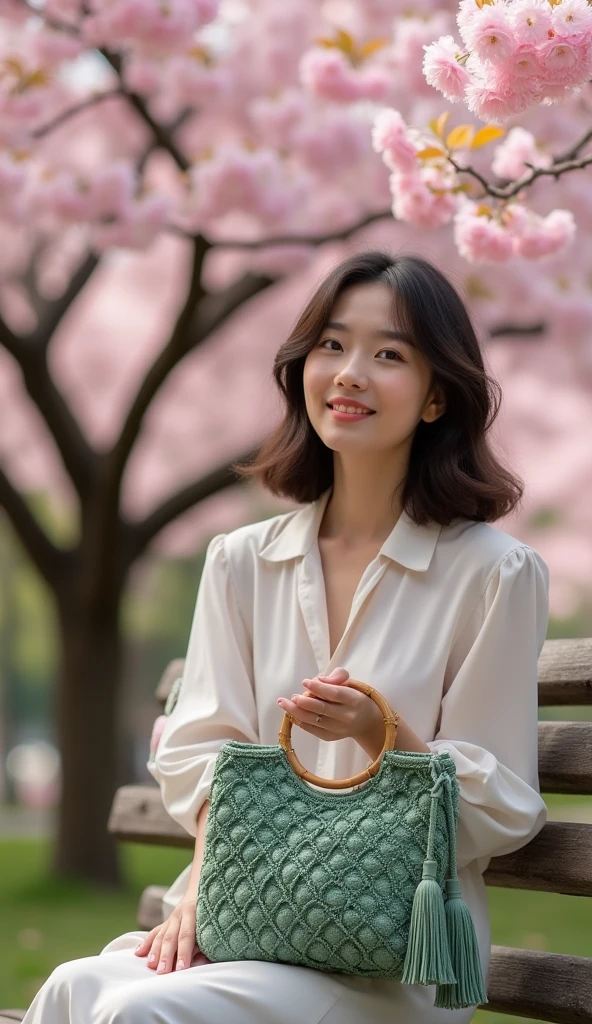 A fashion photo of a young sophisticated woman dressed in stylish blouse sitting on the bench in the park , next to her body is a stylish sage green macrame handbag with a circular bamboo handle. The bag features a square knotted pattern forming diamond shapes across its body. It has a tassel detail on one side. Background is a Sakura park in Kyoto Japan.