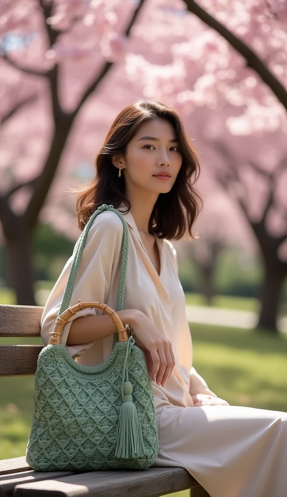 A fashion photo of a young sophisticated woman dressed in stylish blouse sitting on the bench in the park , next to her body is a stylish sage green macrame handbag with a circular bamboo handle. The bag features a square knotted pattern forming diamond shapes across its body. It has a tassel detail on one side. Background is a Sakura park in Kyoto Japan. 