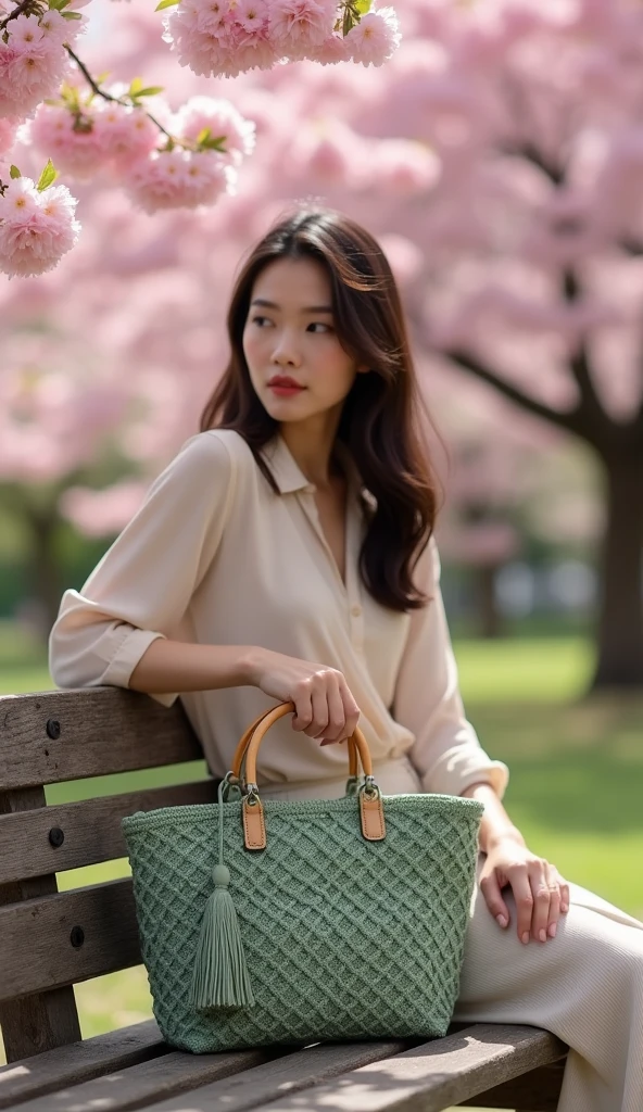 A fashion photo of a young sophisticated woman dressed in stylish blouse sitting on the bench in the park , next to her body is a stylish sage green macrame handbag with a circular bamboo handle. The bag features a square knotted pattern forming diamond shapes across its body. It has a tassel detail on one side. Background is a Sakura park in Kyoto Japan.