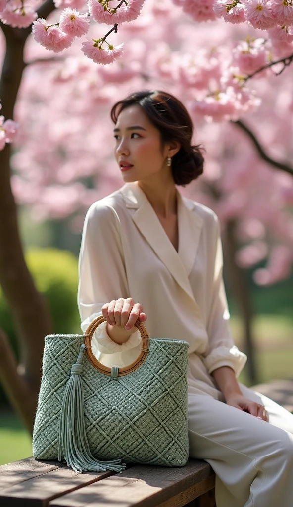 A fashion photo of a young sophisticated woman dressed in stylish blouse sitting on the bench in the park , next to her body is a stylish sage green macrame handbag with a circular bamboo handle. The bag features a square knotted pattern forming diamond shapes across its body. It has a tassel detail on one side. Background is a Sakura park in Kyoto Japan. 