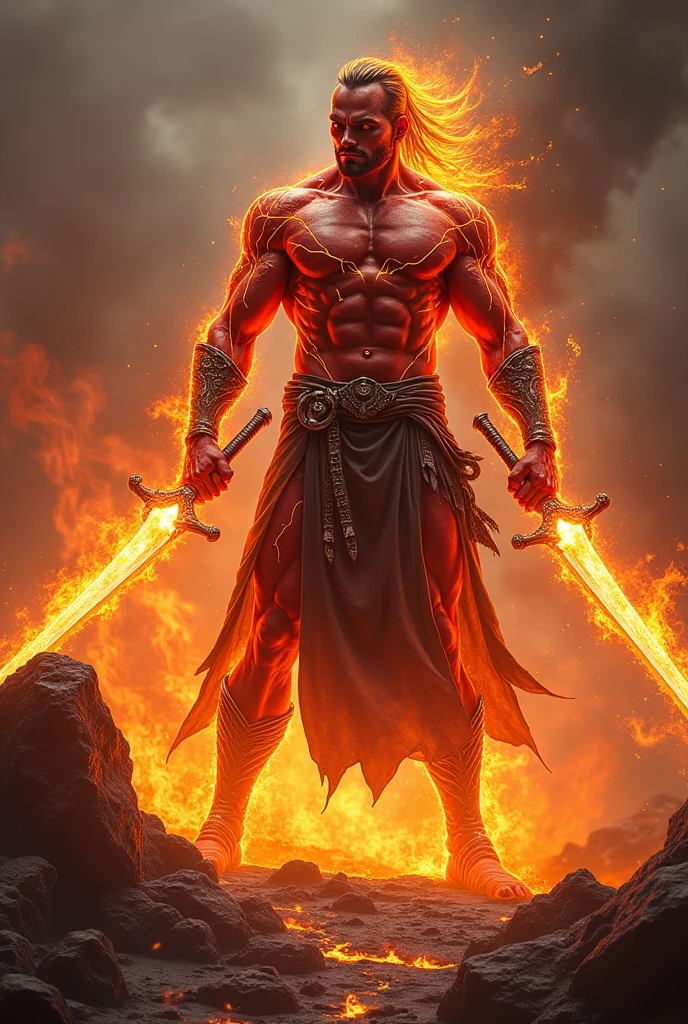 Genasi race man is 1,83 and quite muscular, fights with two swords, and has an extreme affinity for fire, managing to imbue their weapons with the element. because of your race, has reddish bronze skin; power lines and flaming orange eyes; crackling flames exhale from the power lines at the head