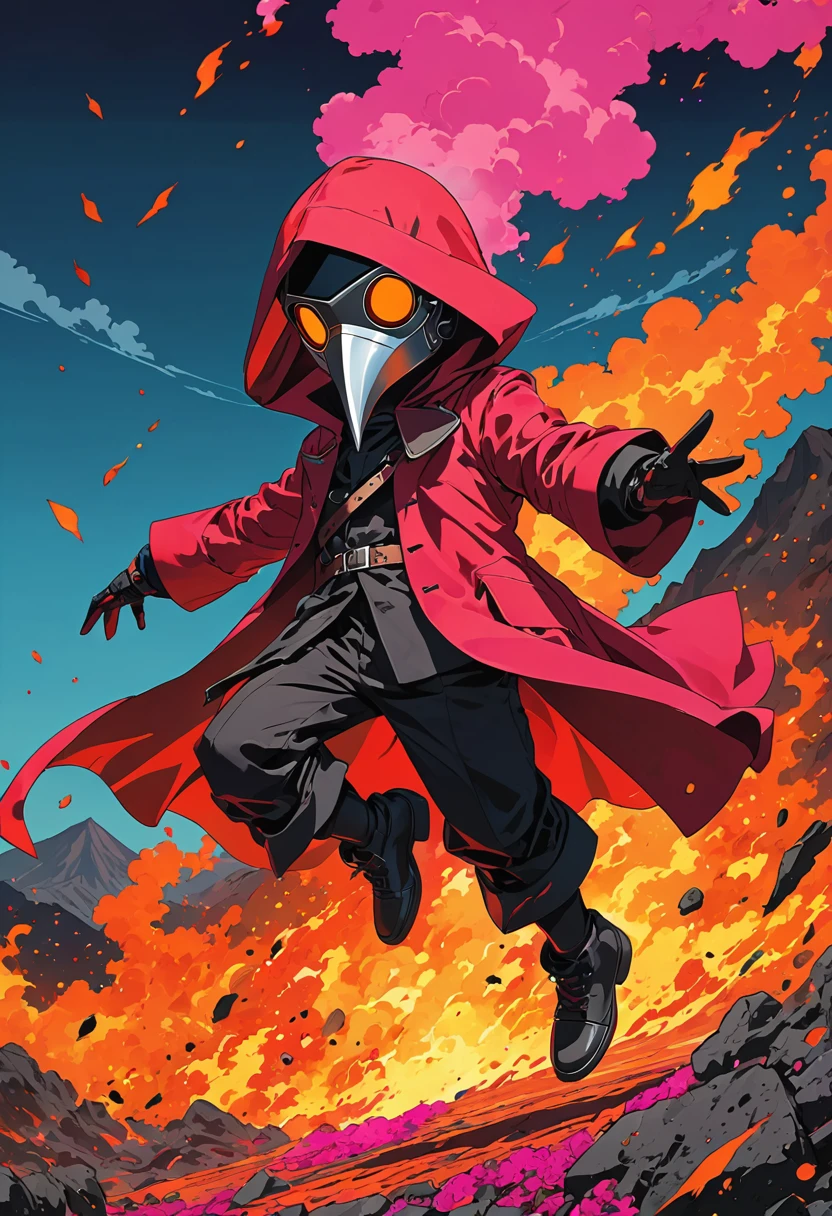 (masterpiece, best quality:1.1), (ultra highres, ultra-detailed:1.2),pop-art style,flatcolor, (he uses fire magic from hands),(in front of the volcano), BREAK chibi-boy,((wearing plague-doctor costume,plague-doctor mask)),eyes glow magenta,red hood,red lab-coat, mecha arm,dynamic action,dynamic pose,jumping,