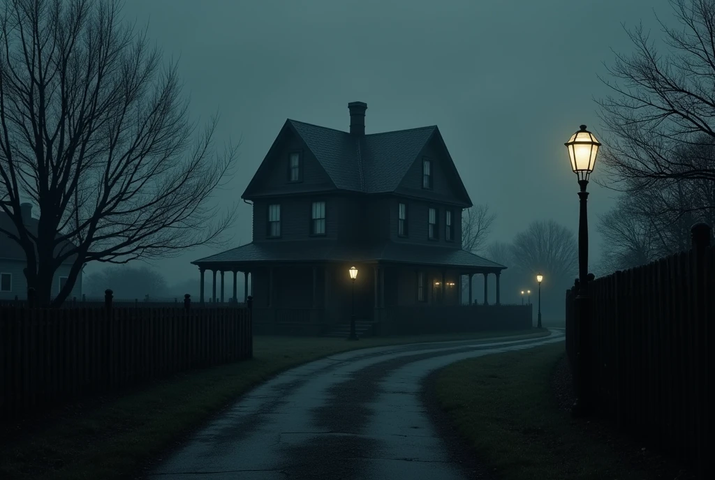 Black house in a dark, gray neighborhood, lampposts, exquisite detail, (super-realistic image), (horror movie atmosphere), (poster), (dark color palette)