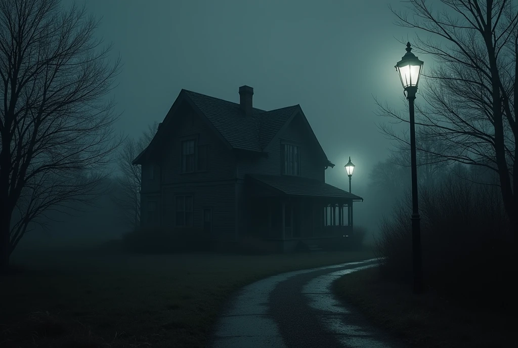 Black house in a dark, gray neighborhood, lampposts, exquisite detail, (super-realistic image), (horror movie atmosphere), (poster), (dark color palette)