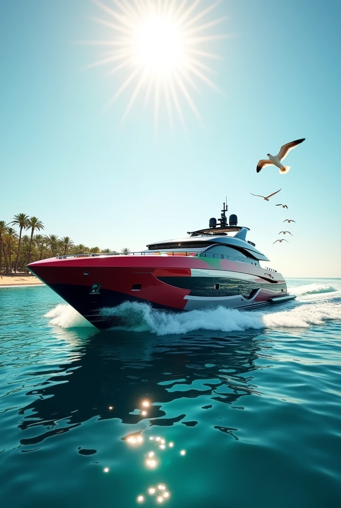 The country of united emirates of arabia as a modern motoryacht, colors of the flag (red, white, Green, black), large yacht, on water, ultra-realistic
