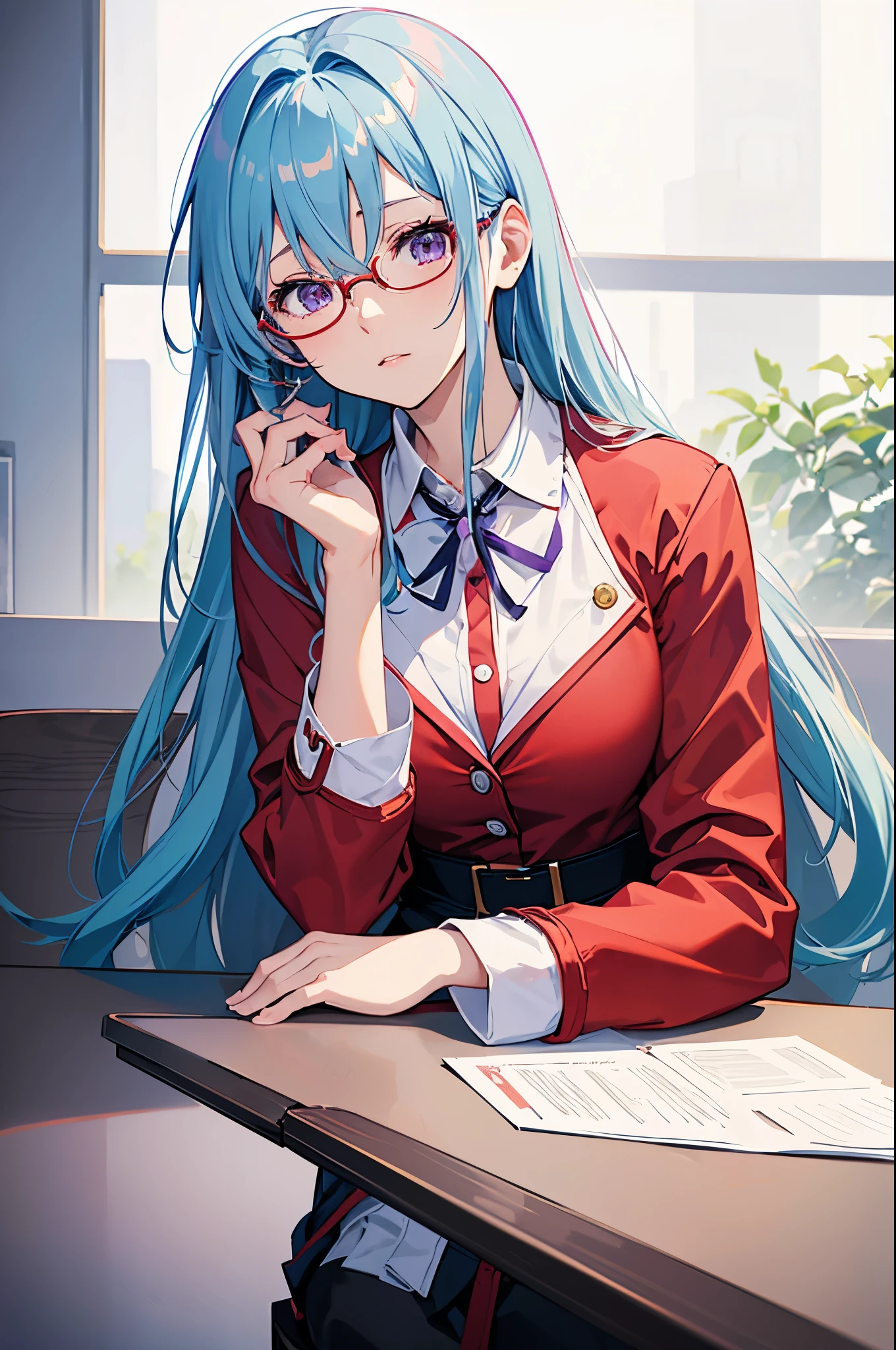 hd, Anime girl, portrait of female student, clean and meticulous anime art, light blue hair, beautiful anime art style, cute anime girl portrait, purple eyes, lovely art style, Soft anime illustration, shy, ((red jacket with white collar and rim)), thin waist, long hair, upper body, black rimmed glasses, café, sitting, leaning forward