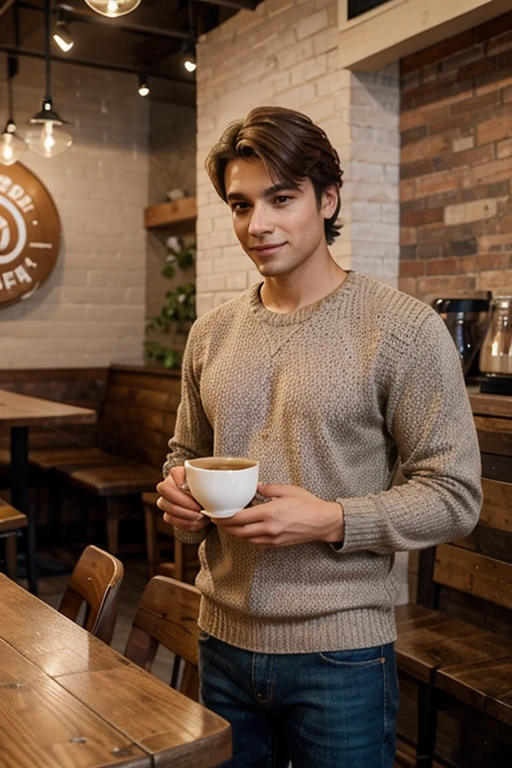 Create an image of a young man standing in a coffee shop, holding a cup of tea. He is dressed in casual clothes, such as a sweater and jeans. The coffee shop has a warm, inviting atmosphere with wooden tables, soft lighting, and a counter with coffee and pastries in the background. The young man has a relaxed posture and a content expression as he sips his tea.