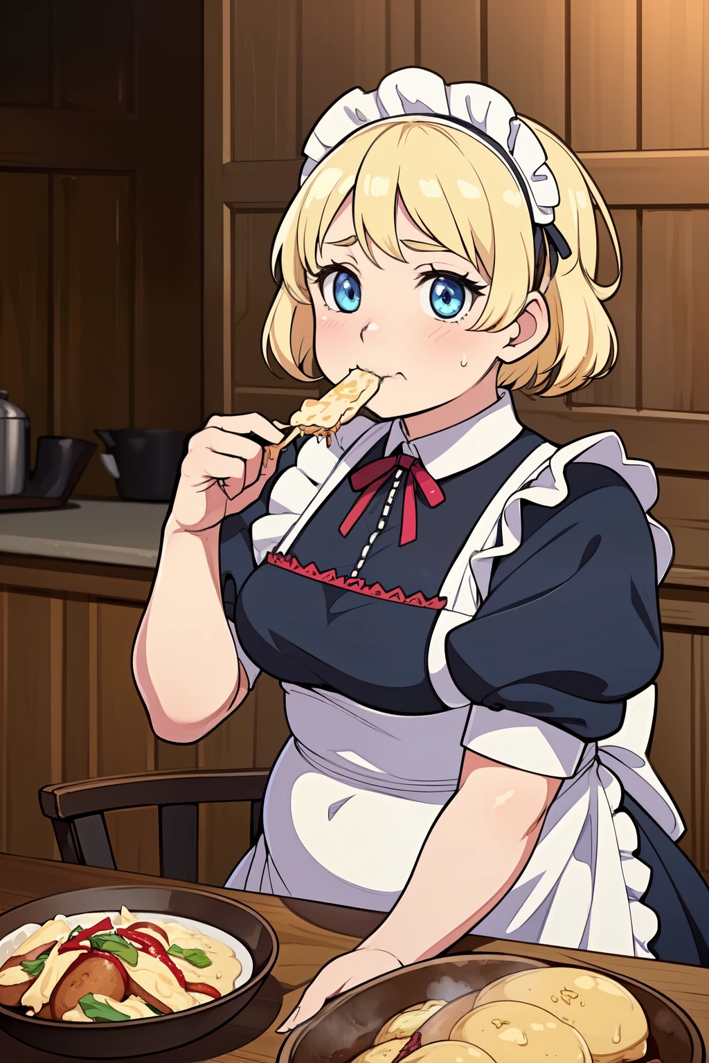 ((best quality)), ((masterpiece)), (detailed), ((1girl)), 18 years old, ((anime)), ((peasant girl)), (( dark fantasy)), ((blue eyes)), ((blonde)), ((maid apparel)), eating a lot of food, a little bit chubby chick and belly
