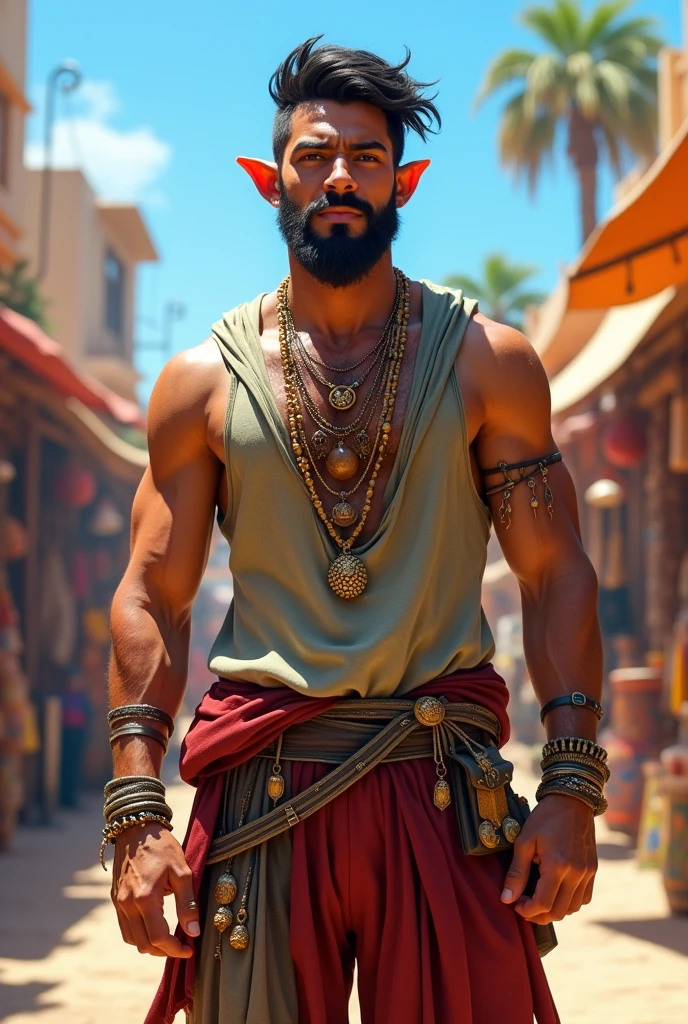 A gipsy half-elf character male with a strong build, wearing a sleeveless top and loose pants, adorned with various accessories such as a necklace, bracelets, and belts. The character has distinct pointed ears, showcasing their elven heritage. They have an adventurous look about them, suggesting a background as a traveler or someone who is accustomed to life on the move. Il a une barbe de 3 jour des cheveux gominé