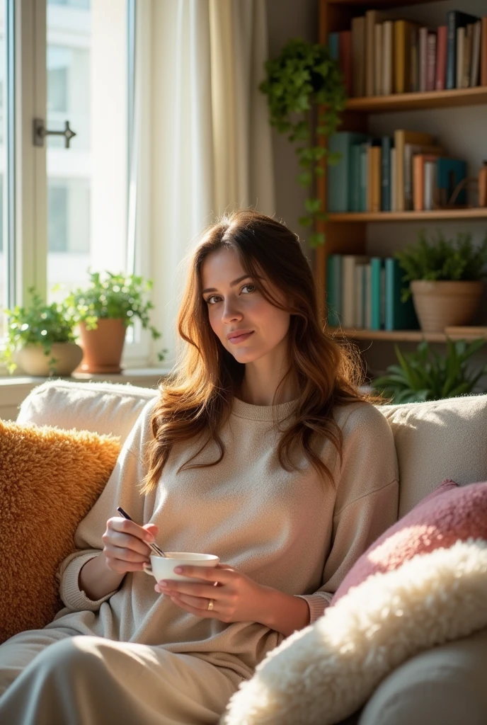 Woman sitting on sofa