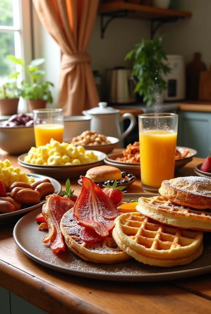 make a picture of scrambled eggs, pancakes, french toast, waffles, bacon, cereals with milk, fresh fruits, fried sausage links, hash browns, biscuits, and some common american breakfast drinks that are designed like buffet on a typical center counter top of a home