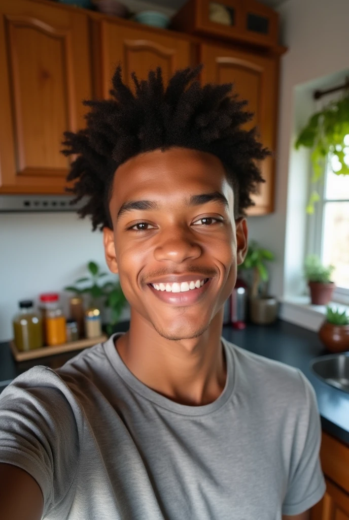 Beautiful haitian american young man, 18 years, ta a selfie in his kitchen, simple photo