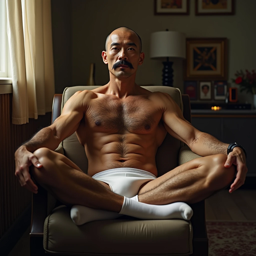 40 years old，Hidetoshi Nakata，（Kogoro Mori 1.3），Oriental face，whole body，Lean，muscle，Sitting，Legs open，White socks，Baldhead ，transparent，Thick body hair，White lingerie，Topless，Densely hairy，Fortitude，HD，With a mustache