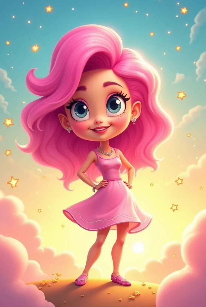 cartoon type ,pink lady , background golden , blue