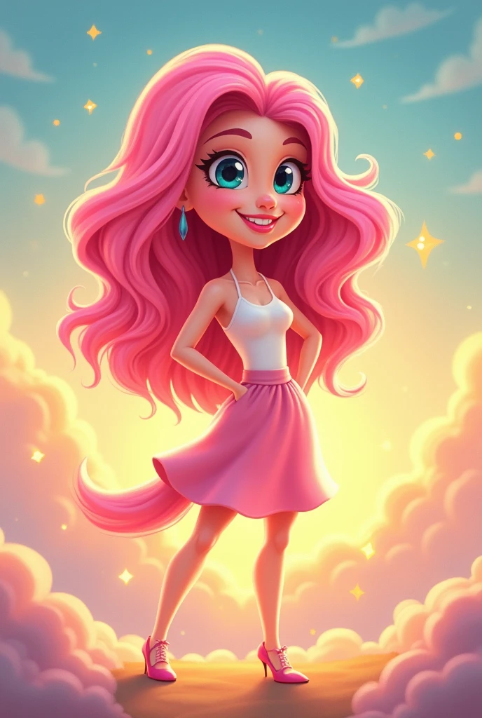cartoon type ,pink lady , background golden , blue