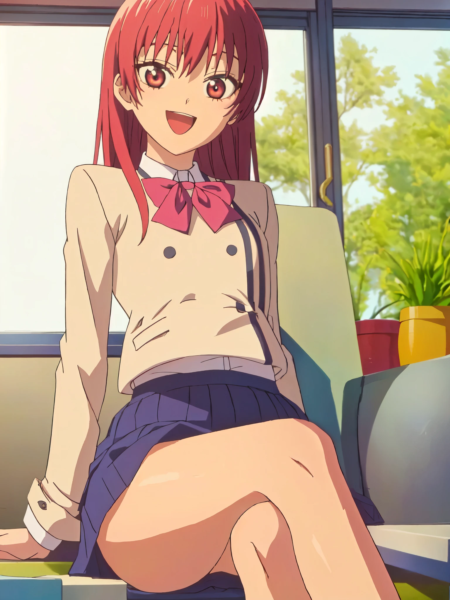 ((((masterpiece、Highest quality、High resolution)、anime:1.2)))、Pink hair、Beautiful with a small chest、(Dynamic pose)、looking at the camera、(Beautiful detailed face、Beautiful big eyes)、((One beautiful person))、Good sensitivity、((Sexy pose))、((A big smile))、Red cheeks、Spread your legs、Wear a blazer uniform、Wear a short navy blue skirt、sitting at desk in white school classroom、Arms folded behind back、Angle from below、White short socks
