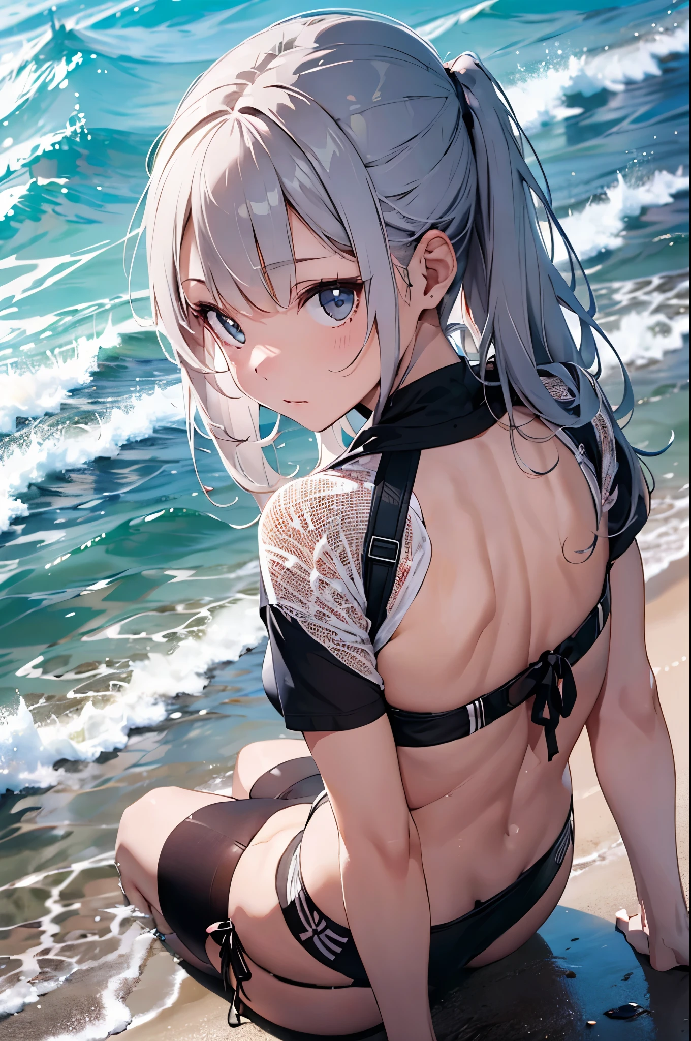 4K,8k,High resolution,
One beautiful young woman,Silver Hair、ponytail、
(Soft Saturation:1.3), (Fair skin:1.2),
(ultra-Detailed Background, Detailed Background), Bokeh,
break&#39;Smiling portrait.,
When viewed from the front, The composition is symmetrical,
Looking straight at you with serious eyes,
break Swimwear, White Bikini, Center of chest, 
Outdoor, Sea surface, null, sunlight,Summer beach, Sandy Beach,
Strong light, Front lighting, 
(Teen:1.3), (Cowboy Shot:1.2),
Front brake angle,
View your audience,
Dynamic pose,
sitting on the beach

Seaweed、Seaweed、Seaweed、Seaweed、Seaweed、Seaweed、Seaweed、