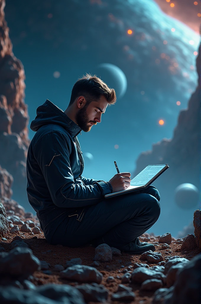 Desenhe um jovem programador, sitting on a research platform floating in the middle of an asteroid belt. He is studying with a notebook, surrounded by several asteroids glowing with fiery auras. Dramatic lighting from distant stars and planets illuminates the scene, casting deep shadows on the costume. O jovem parece confiante e determinado, looking at the vast and mysterious universe with awe and respect,facial hair, student shooting,