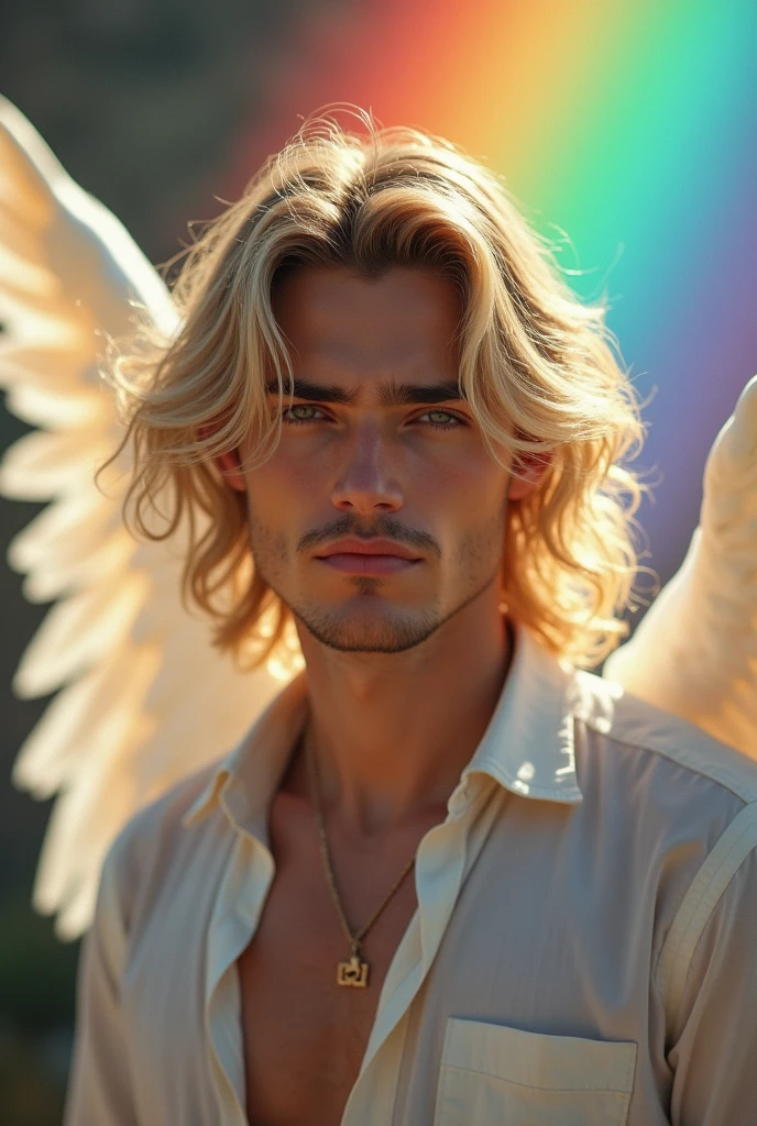 30 generation white male、Mysterious and sexy face、looking at the camera、Image、Beautiful angel wings、Upper body skin?、No beard、Slightly longer blonde hair、Rainbow on background、Smiling a little,White skin、