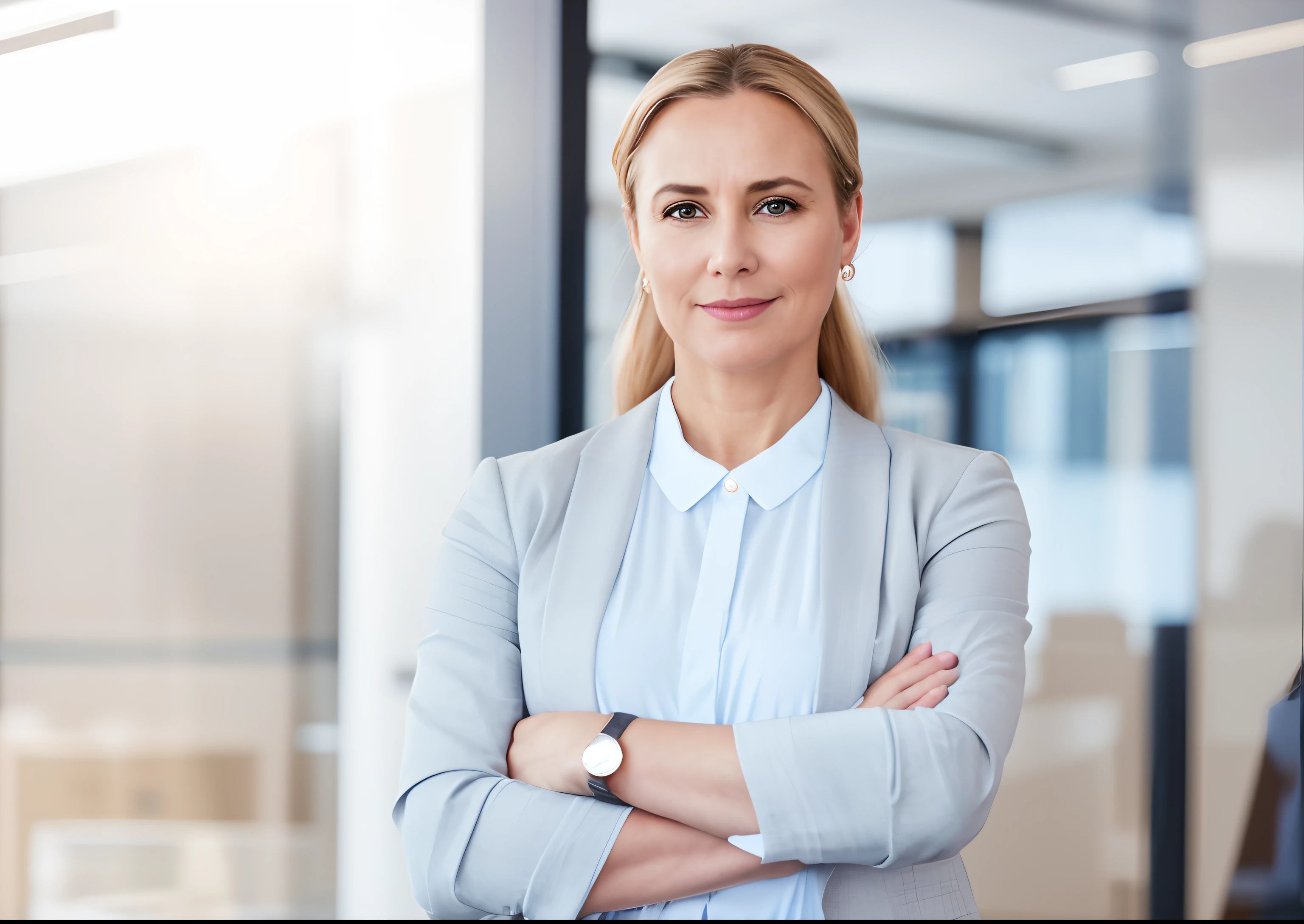 Mulher loira em traje de negócios de pé com os crossed arms no escritório, Foto de uma mulher, woman in business suit, Attractive woman, close up portrait, crossed arms no peito, well lit professional photo, woman in office dress, professional image, Portrait photo em close-up, confident looking, Attractive woman, feminine look, Portrait photo, crossed arms, face and upper - body focus, age 45-58 years.