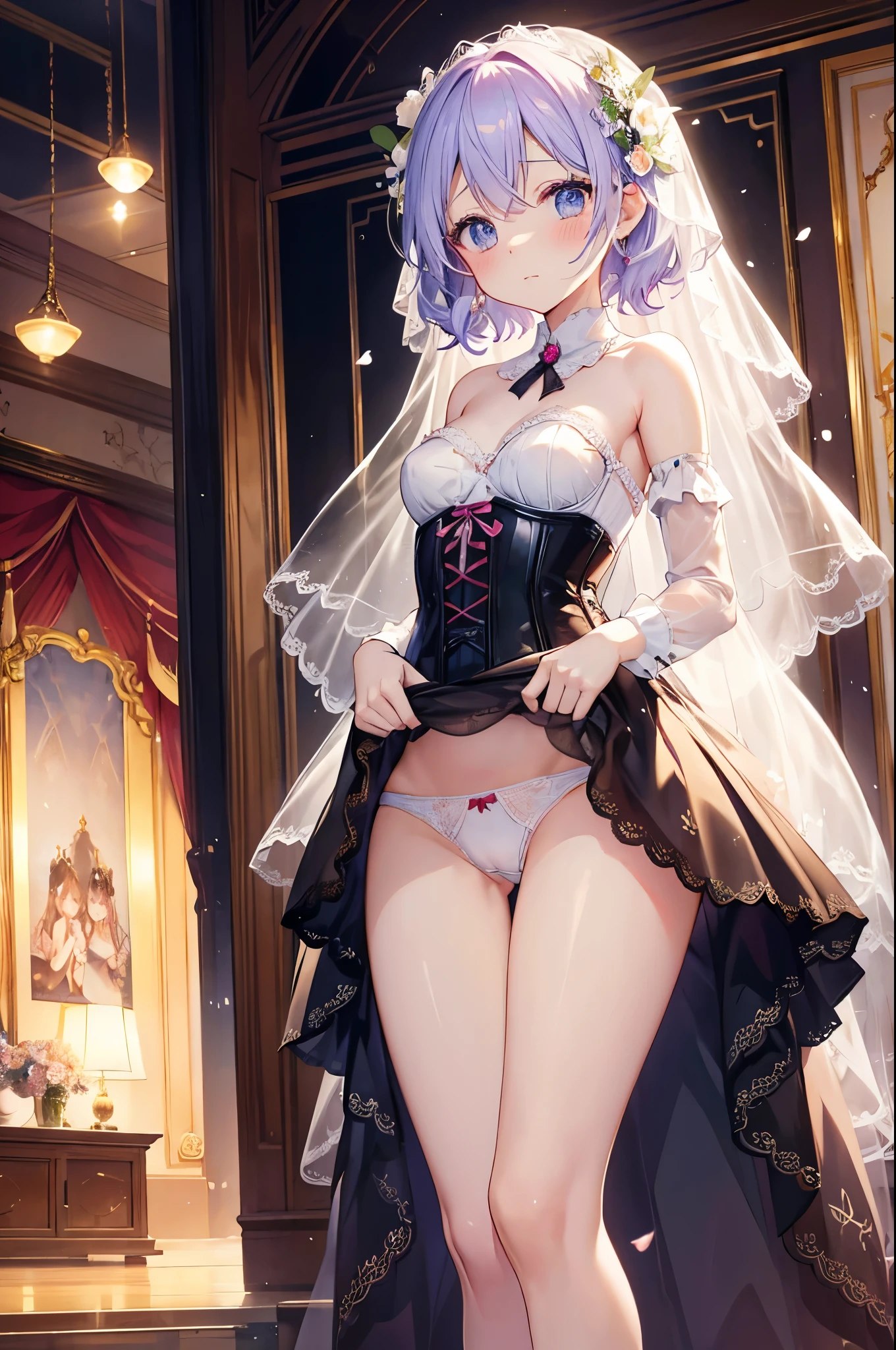 Anime Shyness Taking Photos in Corset and Lingerie、Embarrassing、Panties Small、Clear liquid leaking from the crotch、 And soul、Wedding dress、cheese、Wedding hall、princess、princess様