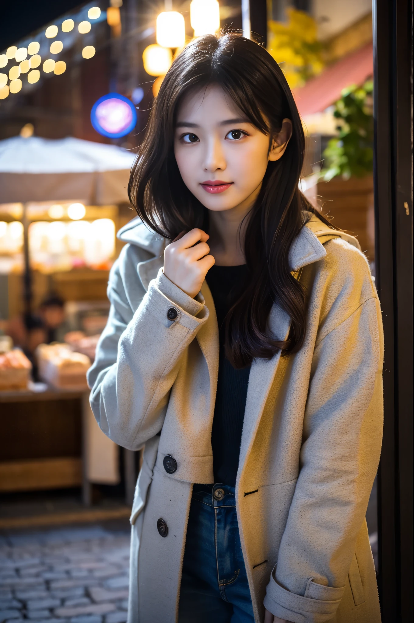  (8k, RAW Photos, Highest quality, masterpiece:1.3), (Realistic, photo-Realistic:1.4), (非常に詳細な8k壁紙), Sharp focus, Written boundary depth,
 Japanese Idols,very cute, (Naked under the coat:1.3),(Medium Hair: 1.3), Upper Body, Highly detailed face and eyes,((Glowing Skin:1.2)), Cinema Lighting, Soft Light, Blur the background,( Old European village street in the early morning, Cobblestone Street, A bakery filled with warm light and a pleasant aroma.)