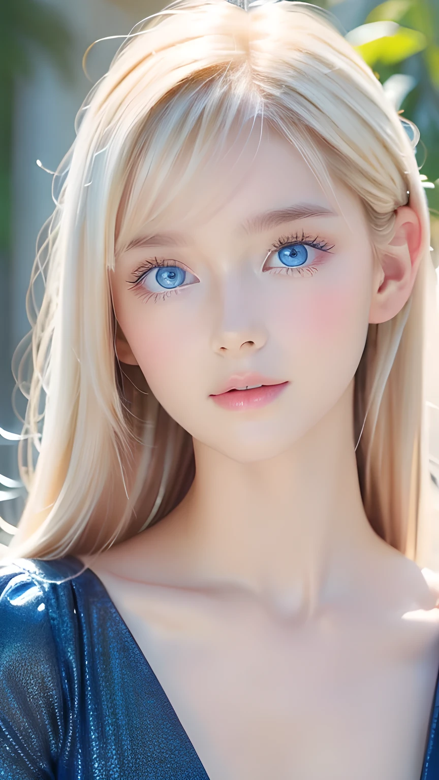 Beautiful white and shining skin、Blonde hair that changes color depending on the light、Bangs between eyes obstruct vision、Shiny highlights on the cheeks、Sexy, very beautiful, lovely, cute, gorgeous face、The most beautiful face in the world、super long and gorgeous blonde hair、Smooth straight hair、Large Breasts, Very large, Beautiful sparkling bright blue eyes、Beautiful Bangs、Beautiful cute.Small Face Beauty、Cheek Gloss Highlighter、Round face