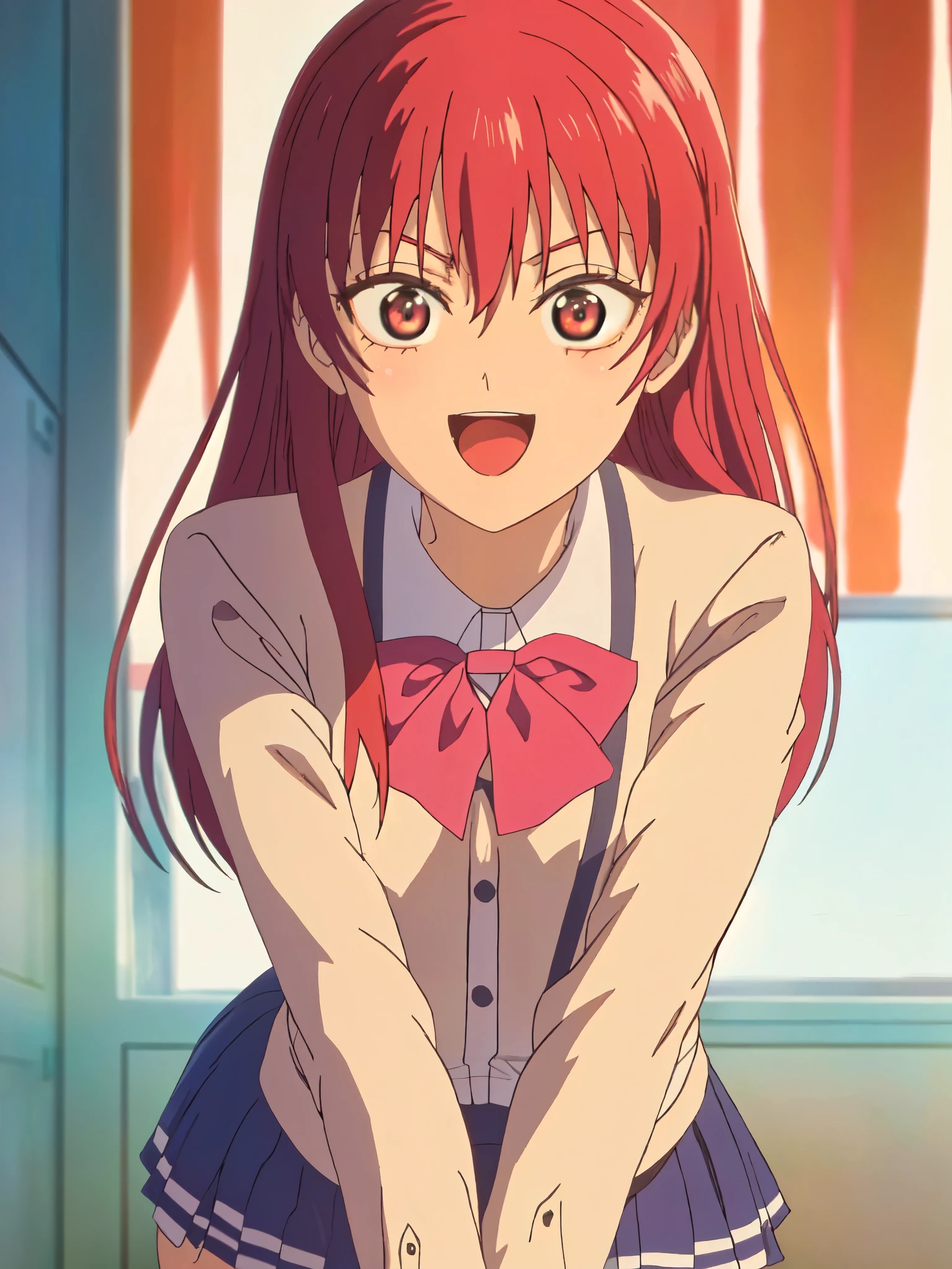 ((((masterpiece、Highest quality、High resolution)、anime:1.2)))、Pink hair、Beautiful with a small chest、(Dynamic pose)、looking at the camera、(Beautiful detailed face、Beautiful big eyes)、((One beautiful person))、Good sensitivity、((Sexy pose))、((A big smile))、Red cheeks、Spread your legs、Wear a blazer uniform、Wear a short navy blue skirt、sitting at desk in white school classroom、Arms folded behind back、Angle from below、White short socks