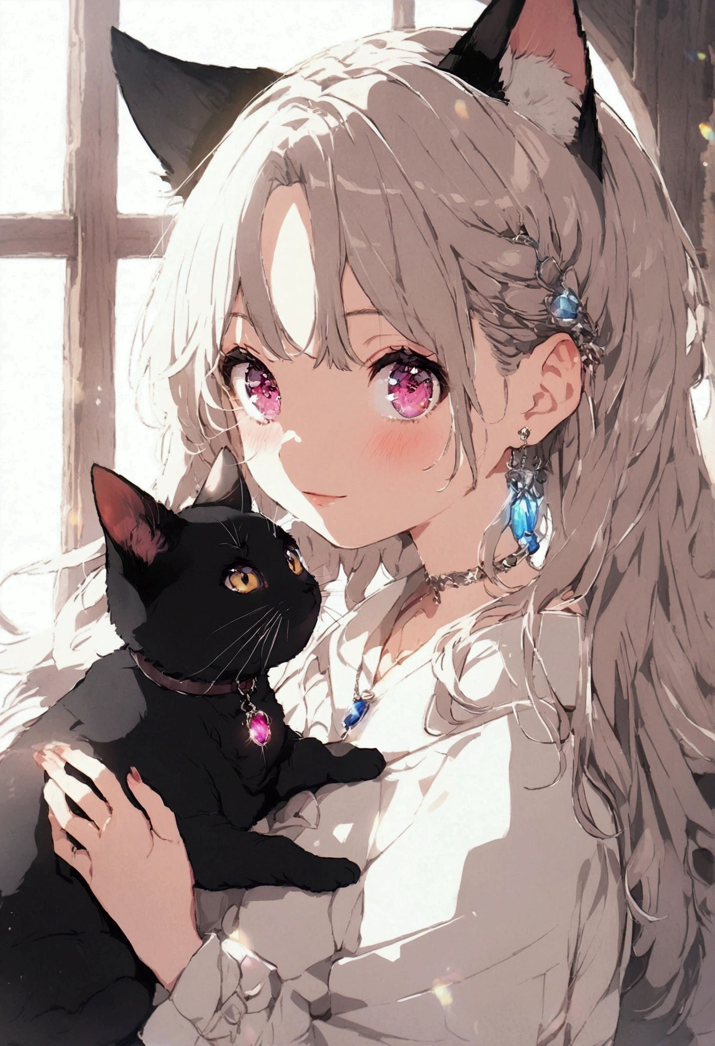woman, Calm expression, Captivating eyes, Wavy long hair, Grey Hair, Black cat ears, Kemomimi, loose fitting dress, Calm posture, Porcelain-like skin, A faint blush, Crystal Pendant BREAK Golden Hour, (Rim Light):1.2, Warm tones, Solar flare, Soft Shadows, Vibrant colors, Painterly effect, Very detailed, Official Art, 8k wallpaper
,I'm sorry it's cute, I'Happy, Lakeside