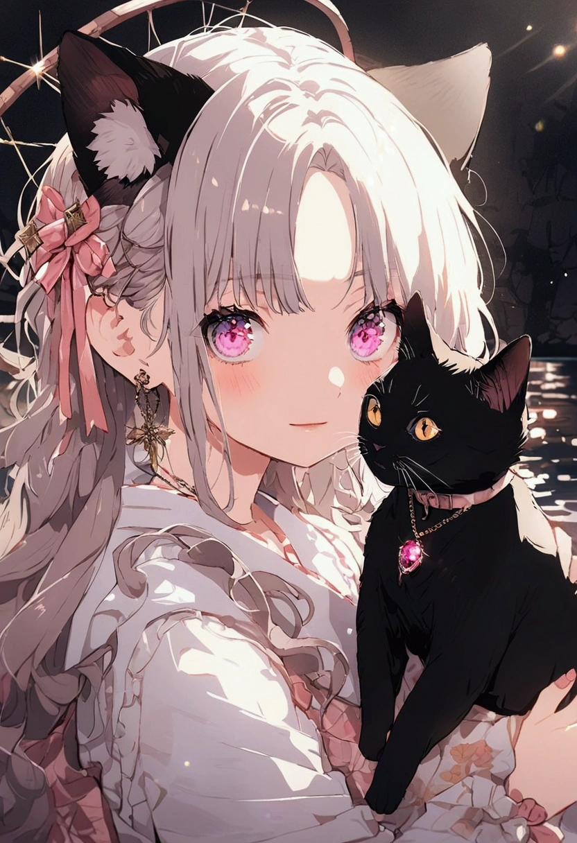 woman, Calm expression, Captivating eyes, Wavy long hair, Grey Hair, Black cat ears, Kemomimi, loose fitting dress, Calm posture, Porcelain-like skin, A faint blush, Crystal Pendant BREAK Golden Hour, (Rim Light):1.2, Warm tones, Solar flare, Soft Shadows, Vibrant colors, Painterly effect, Very detailed, Official Art, 8k wallpaper
,I'm sorry it's cute, I'Happy, Lakeside