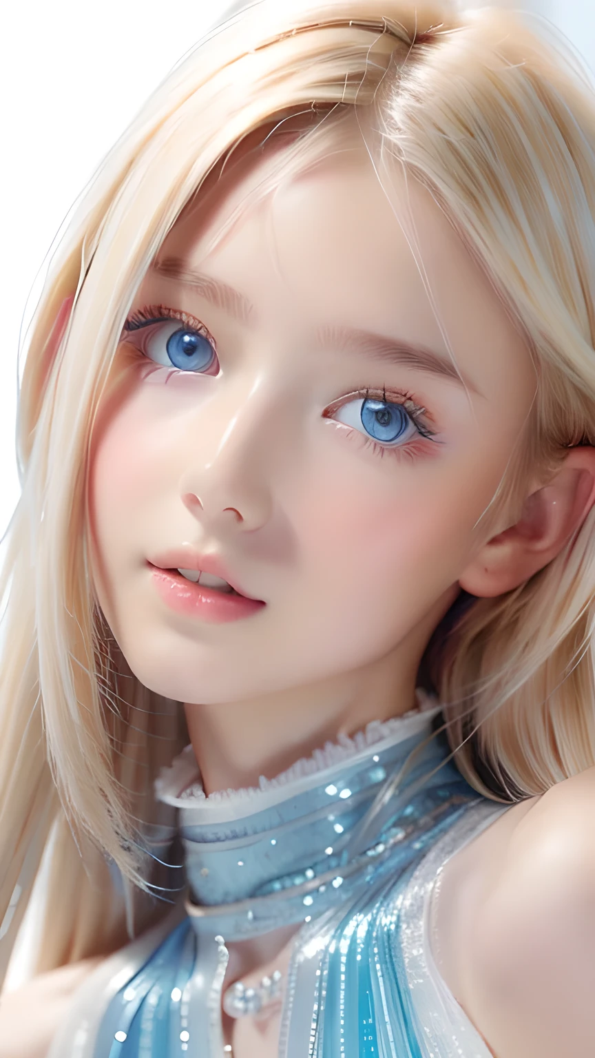Beautiful white and shining skin、Blonde hair that changes color depending on the light、Bangs between eyes obstruct vision、Shiny highlights on the cheeks、Sexy, very beautiful, lovely, cute, gorgeous face、The most beautiful face in the world、super long and gorgeous blonde hair、Smooth straight hair、Large Breasts, Very large, Beautiful sparkling bright blue eyes、Beautiful Bangs、Beautiful cute.Small Face Beauty、Cheek Gloss Highlighter、Round face