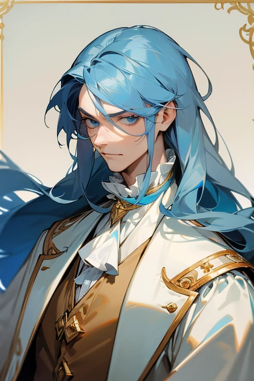 Grown Man, free long dull blue hair, blue eyes, slightly annoyed countenance, 18th century clothes, a white jacket with gold details and buttons, wears an opaque light blue vest underneath, a white shirt with ruffles at the neck.