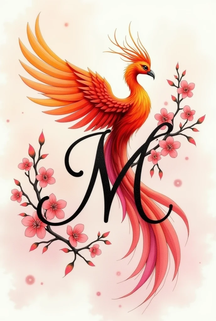 Elegant cursive uppercase letter M with cherry blossoms and phoenix bird on it