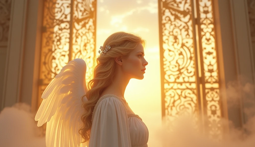 face of an angel from the front entering the gate of heaven, beautiful bright gold colors, ultra realistic 4k, looking forward