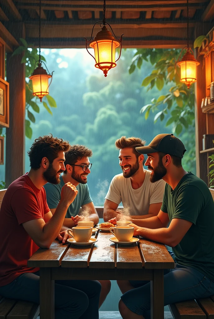 In a rainy day four male friends sitting in a tea shop and drinking tea and conversation each other in village area
