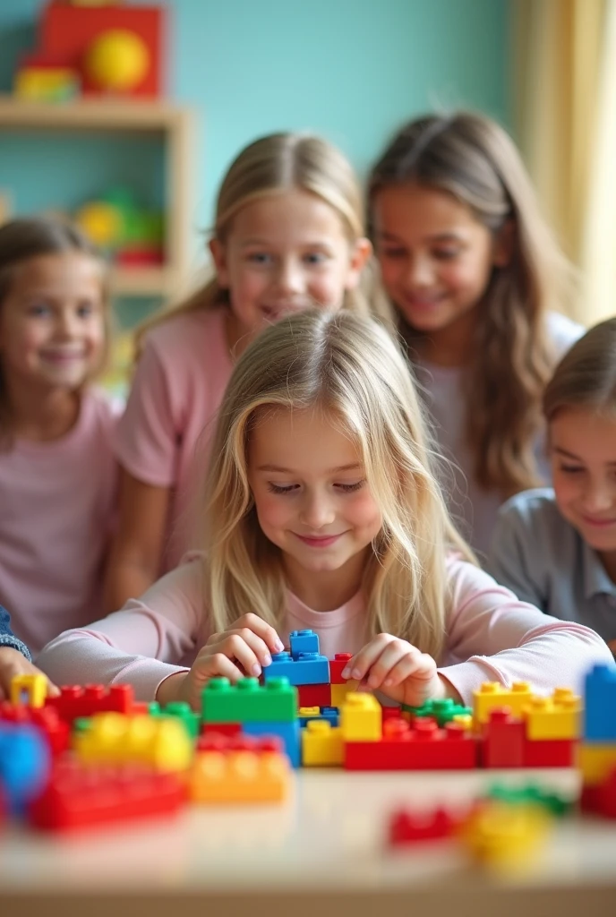  blonde de 8 ans en train de jouer avec d'autres enfants. L'image prend tous les enfants. L'image se déroule à la crèche. On voit tout les têtes des enfants. La fille ne sais pas quelle est photographier point elle essaie d'assemblée des Lego.