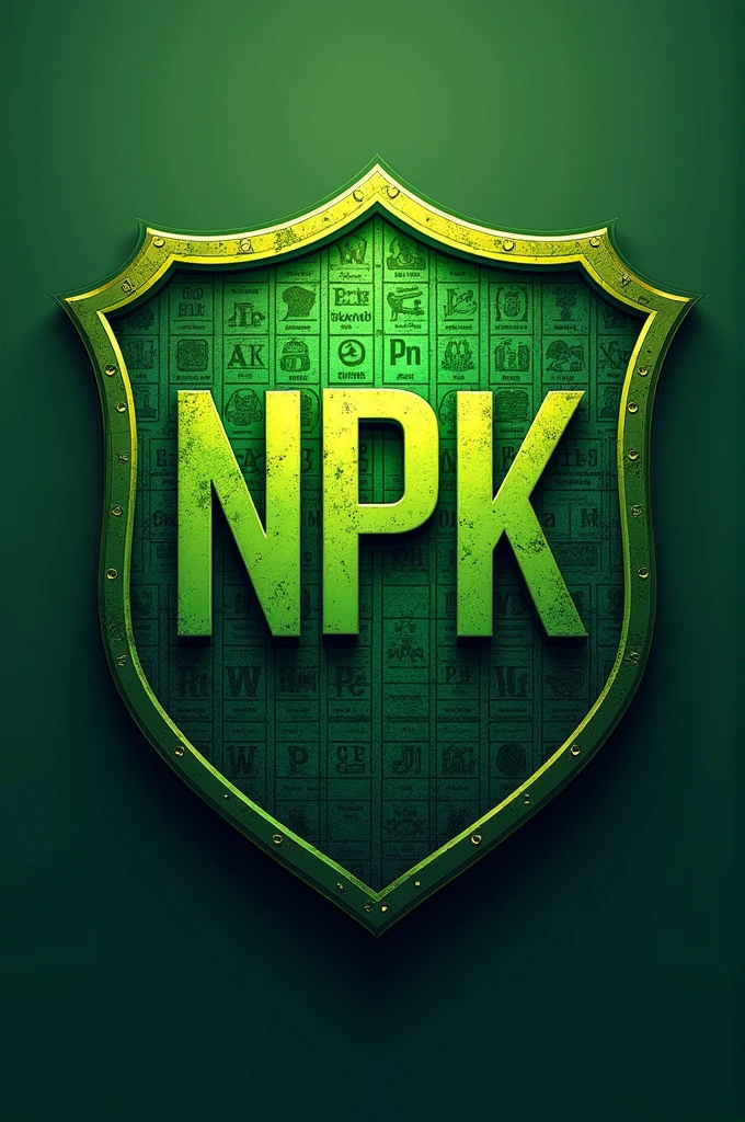 Create a football shield for a team called NPK with the team name highlighted and the table of elements in the background and with the predominant color green