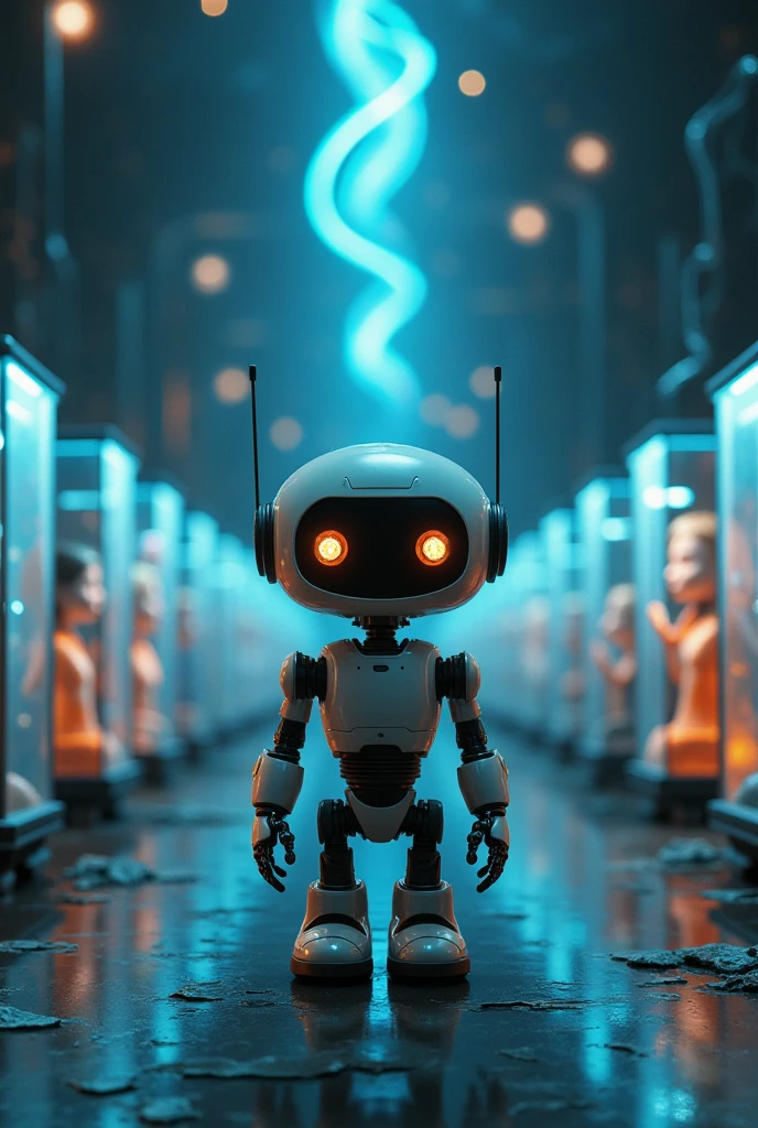 A realistic futuristic cute robot that have humans inside cages and harvesting energybfeom their mind. Make the humans the main part of the pic
