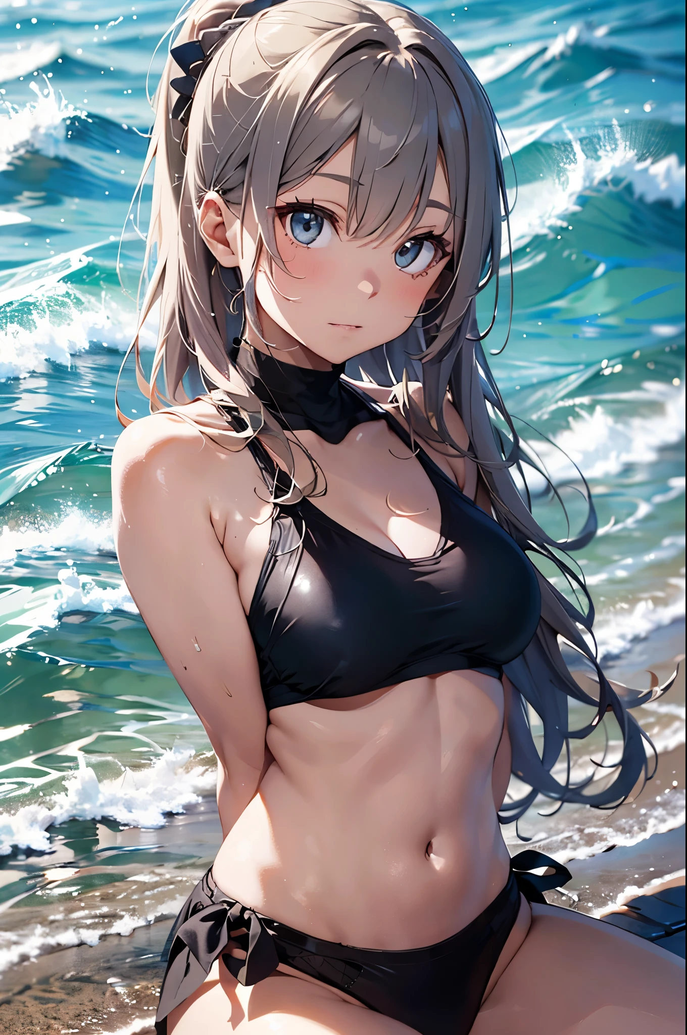 4K,8k,High resolution,
One beautiful young woman,Silver Hair、ponytail、
(Soft Saturation:1.3), (Fair skin:1.2),
(ultra-Detailed Background, Detailed Background), Bokeh,
break&#39;Smiling portrait.,
When viewed from the front, The composition is symmetrical,
Looking straight at you with serious eyes,
break Swimwear, White Bikini, Center of chest, 
Outdoor, Sea surface, null, sunlight,Summer beach, Sandy Beach,
Strong light, Front lighting, 
(Teen:1.3), (Cowboy Shot:1.2),
Front brake angle,
View your audience,
Dynamic pose,
sitting on the beach

Seaweed、Seaweed、Seaweed、Seaweed、Seaweed、Seaweed、Seaweed、