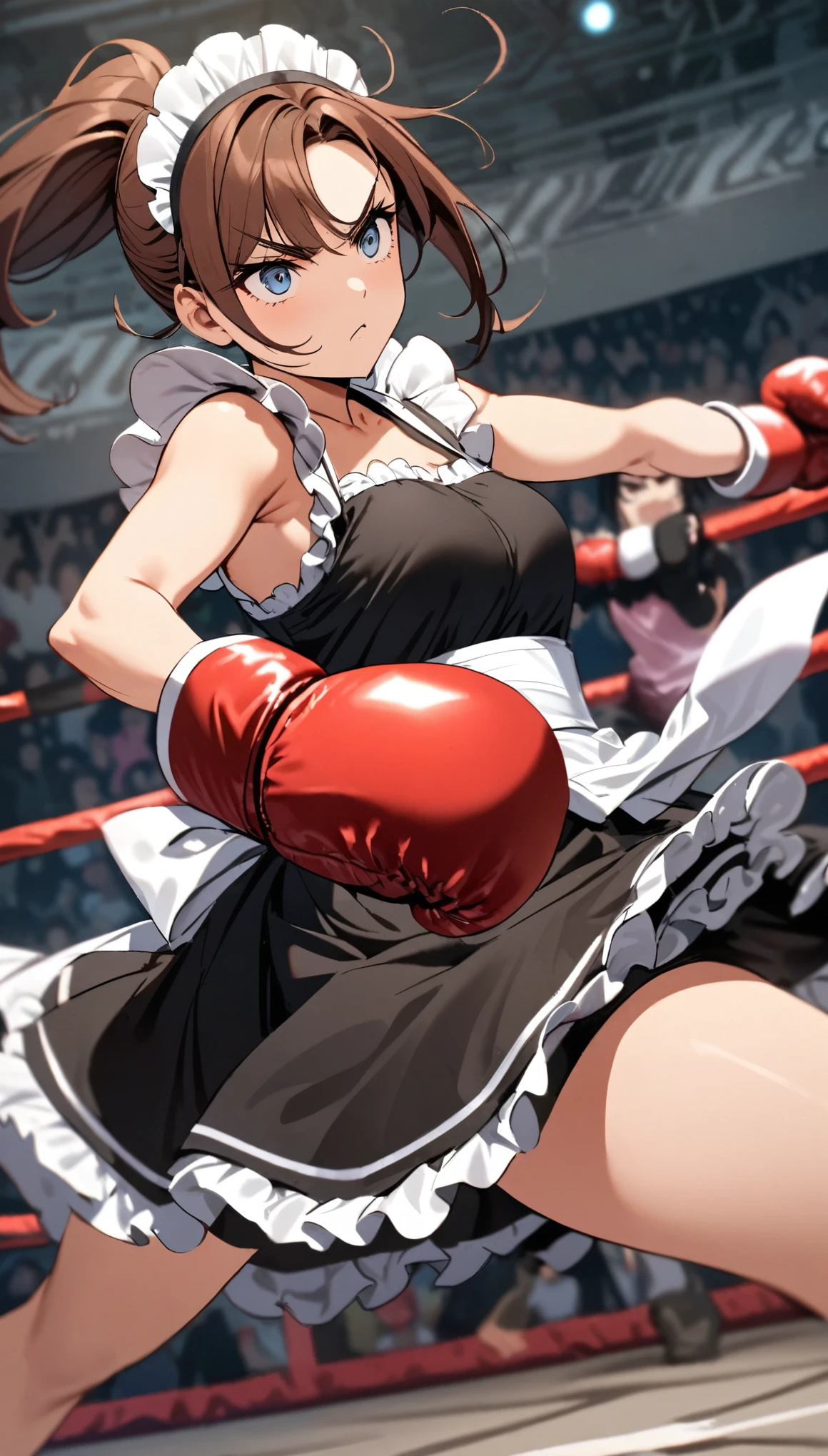 Highest quality,masterpiece,Boxing action Two women in Chinese dresses are boxing in the ring. The woman on the right hits the woman on the left in the cheek... The woman on the left has her right eye closed, opening her mouth, and sweat.(lying in a wrestling ring, WWE Divas,Wrestling Arena,Wrestling ring background, Boxing ring background), Lack of stamina, Ryona, Hitting a girl, death is near,タケユカ 超ロングヘア ヘアribbon, Frilled shirt, Underbust, ribbon, Fingerless gloves, White gloves, Waist apron, Orange Skirt, socks, Toeless legwear,winner, Nice, winner, (Moaning , Open your mouth),