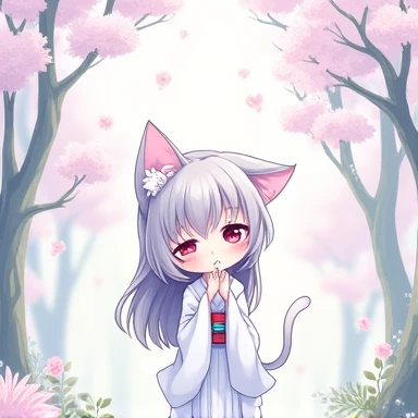 One Woman,Gray Hair,Cat ear,((Chibi Character)) Heterochromia iridis,Red eyes,,White kimono,Hiding his face,Enter your text in the bottom right corner of the fantasy image,A very popular font,