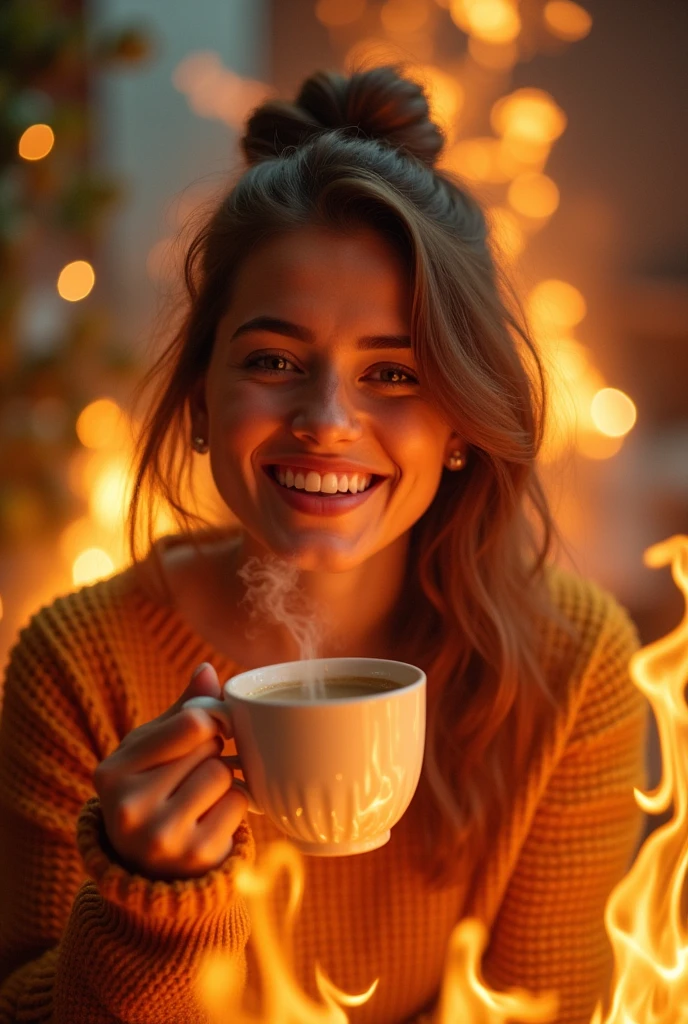 clearing! Here is the translation of the image description:

"An image, creative and cheerful happy woman on fire holding a cup of coffee . The woman is smiling, enjoying the moment, and there is a playful, surreal quality to the image. The scene is set , with warm tones, and the fire is animated and vibrant, adding a touch of fantasy to the scene."
